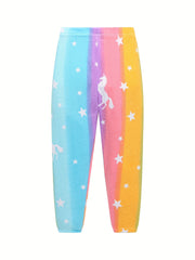 Girls 2pcs Pajamas Set Colorful Star Unicorn Print Round Neck Loungewear