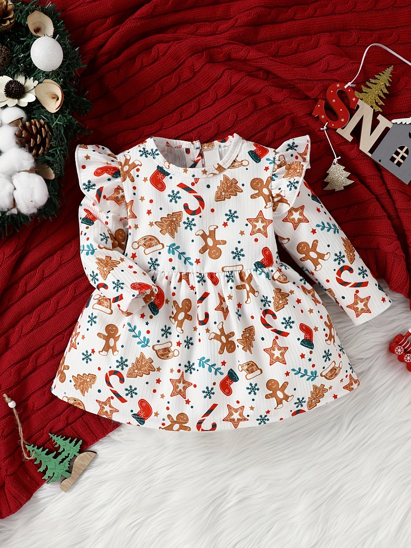 Baby Girls Christmas Cartoon Print Long Sleeve Dress
