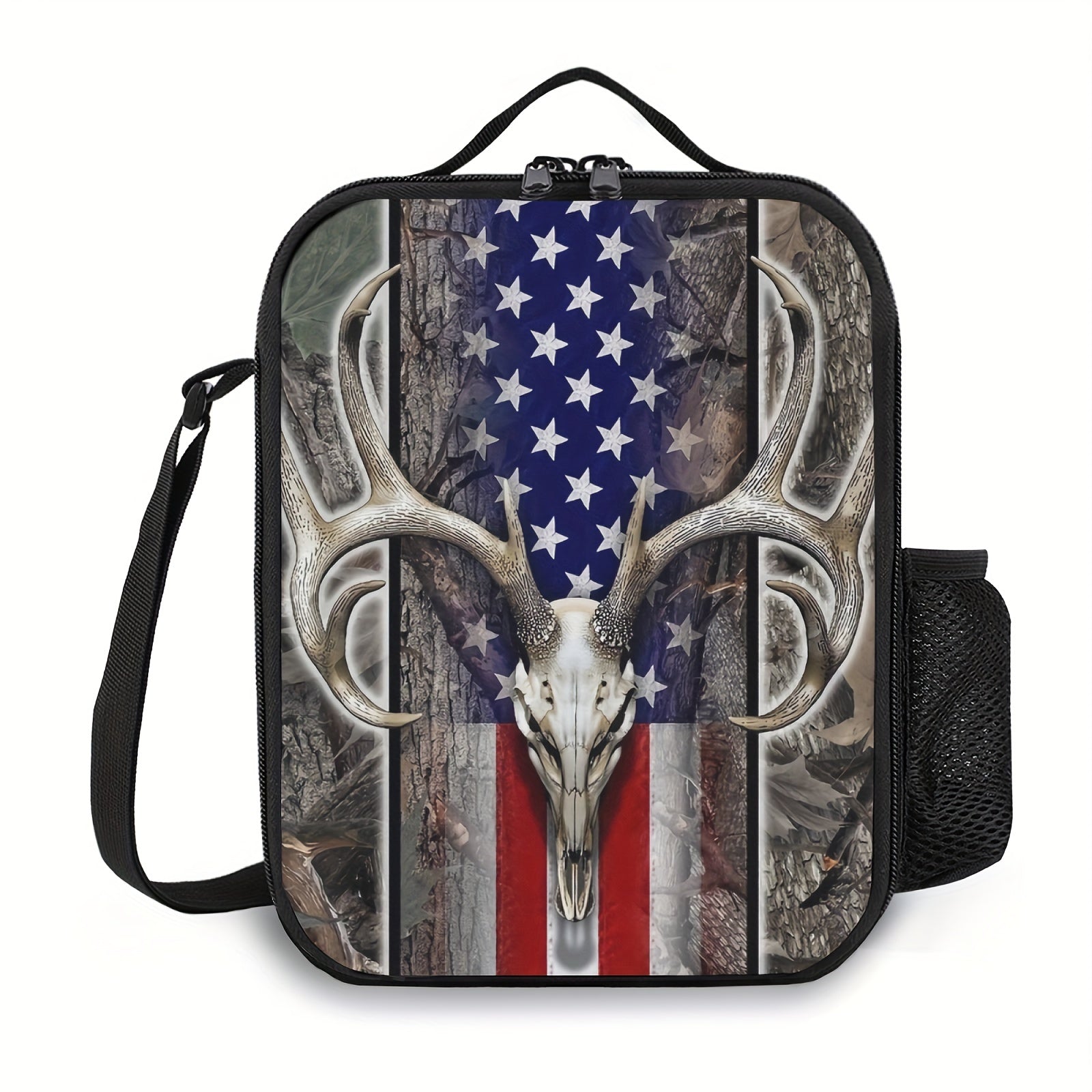 American Flag Deer Lunch Box with Water Bottle Holder