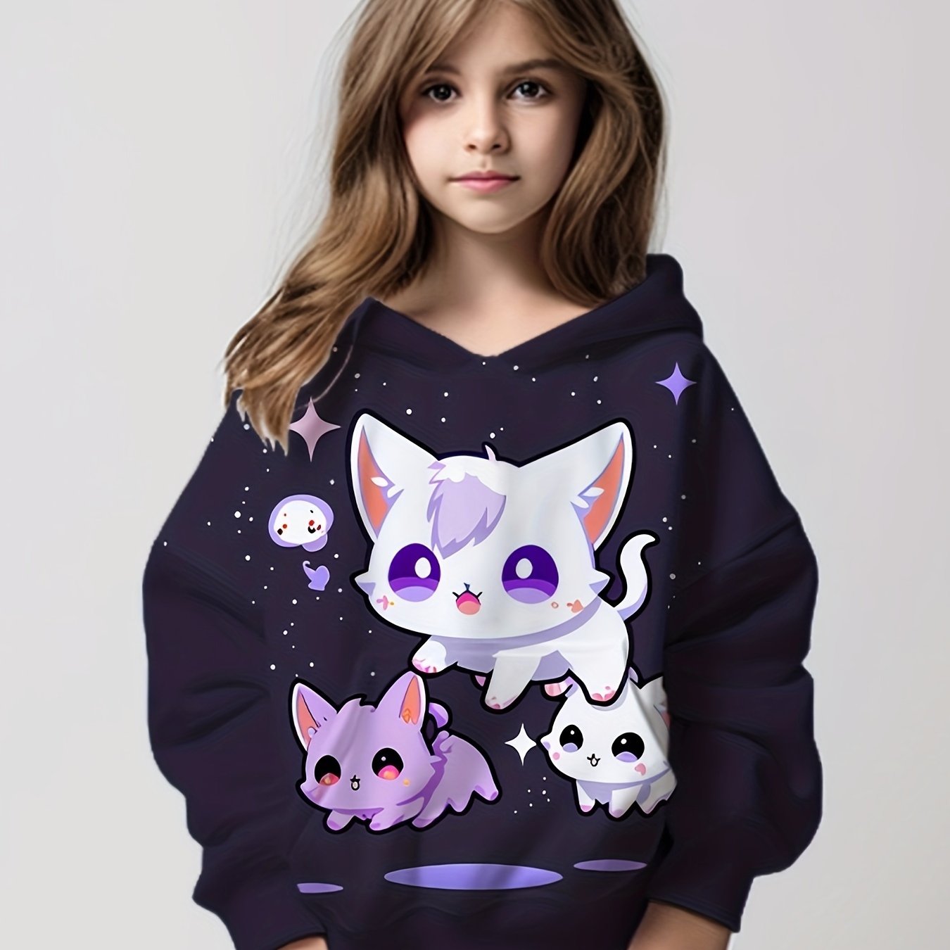 Starry Kitties Graphic Hoodies Girls Comfy Hooded Pullover