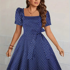 Polka Dot Retro Dress Lantern Sleeve Stretch A line Dress