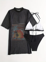Tropical Print Bikini Set with Mesh Cover Up