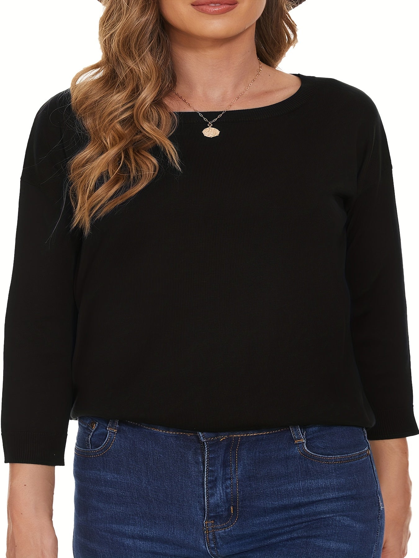 Casual Sweater Women's Plus Solid Long Sleeve Round Neck Knit Top