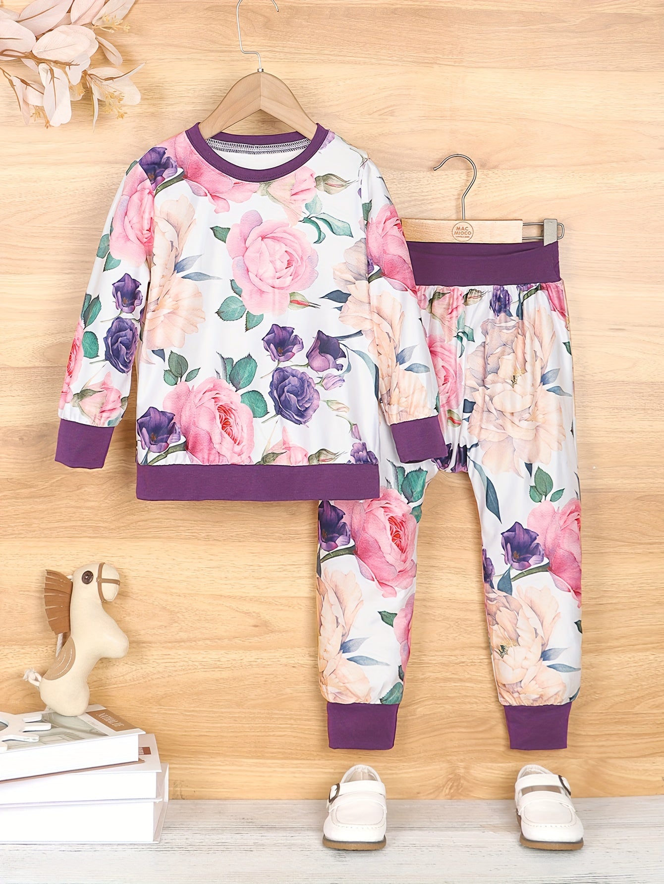 Autumn Vintage Flower Print Set Long Sleeve Sweatshirt Pants For Baby Girls