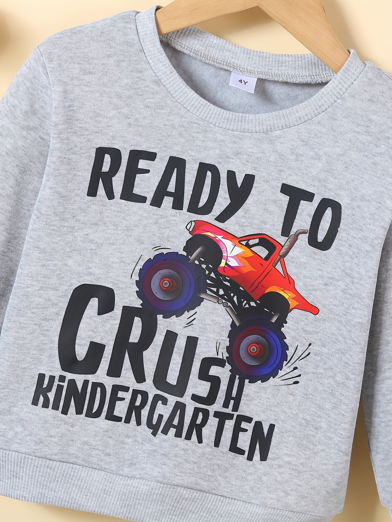 Cartoon Truck Letter Print Crew Neck Sweatshirt for Boys