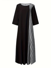 Colorblock Plaid Print Three Quarter Sleeve Round Neck Maxi Dress