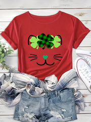 St Patrick's Leaf And Cat Graphic Causal Sports T-shirt Round Neck