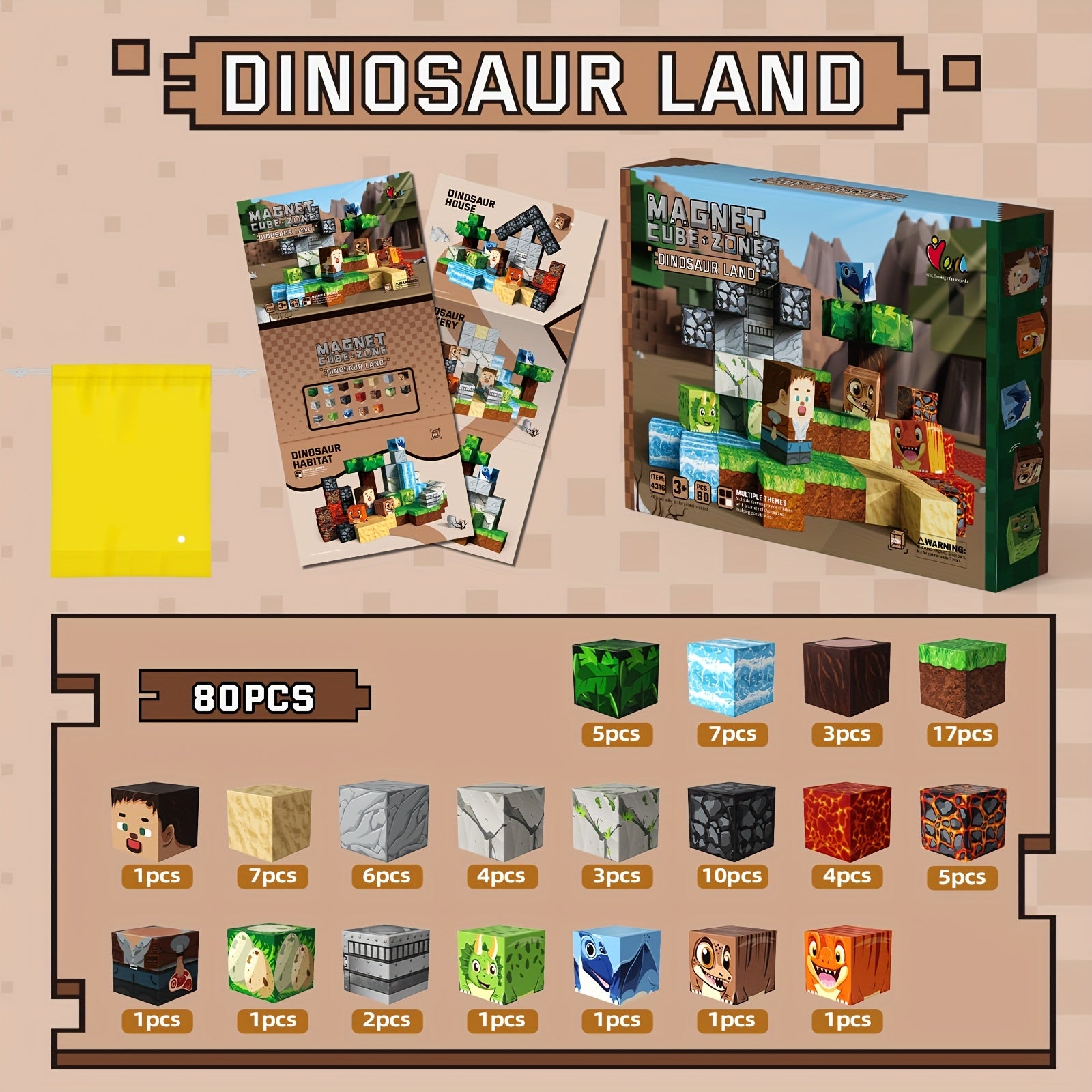 80pcs Magnetic Blocks Create Your Own Dinosaur Land Scene Magnet Tiles Toys