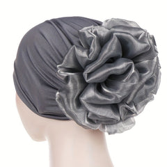 Satin Plate Flower Turban Cap Elastic Head Wrap Solid Ramadan Scarf for Women