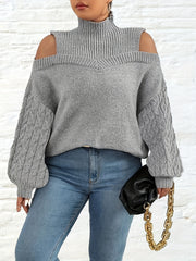 Solid Jacquard Cut Out Lantern Sleeve High Neck Sweater
