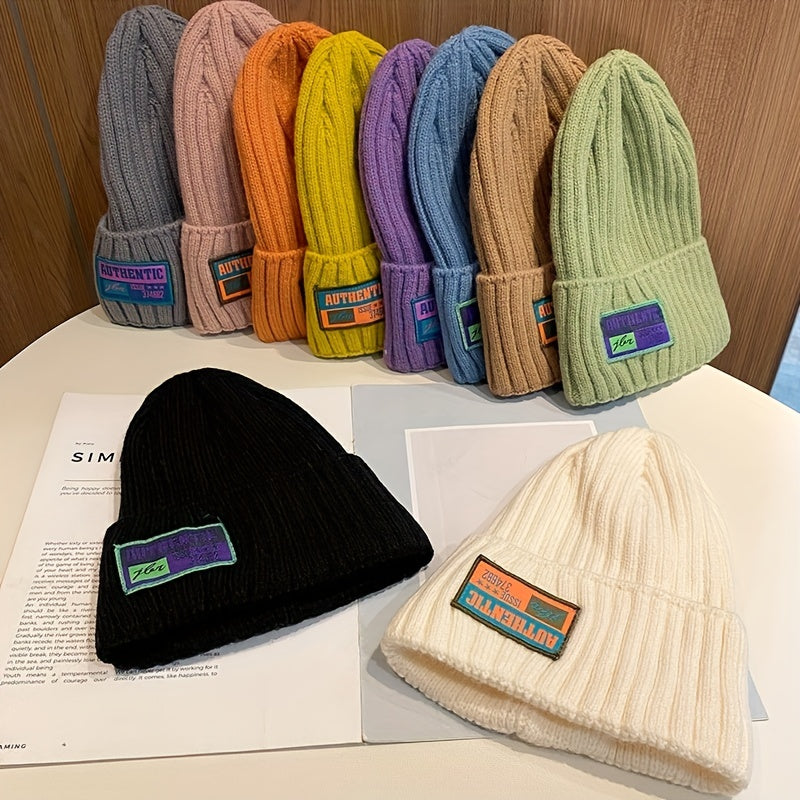 Candy Beanie Label Patch Unisex Knit Hat Coldproof Warm Ski Hat