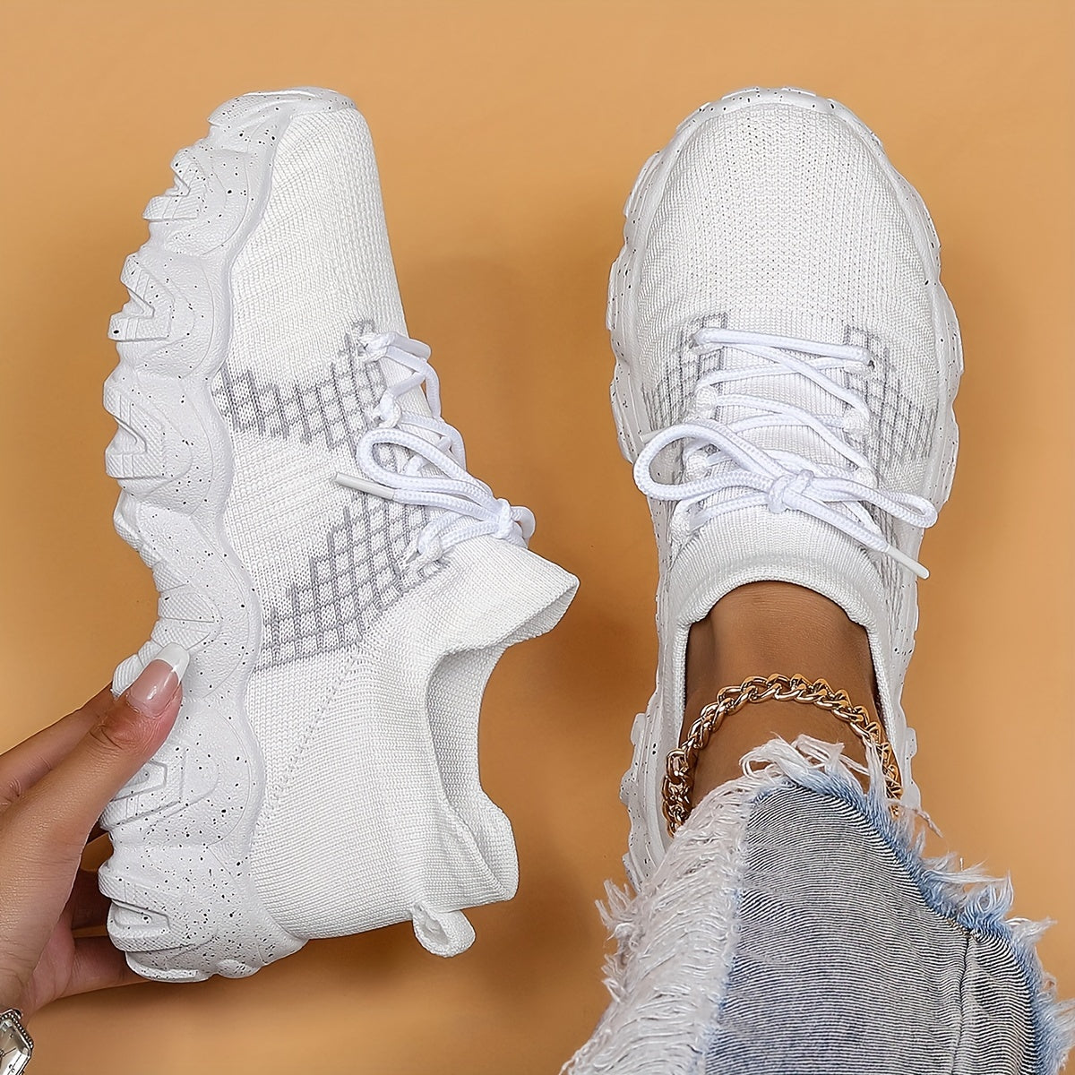 Women's Lightweight Woven Sneakers Breathable Lace Up Running Shoes