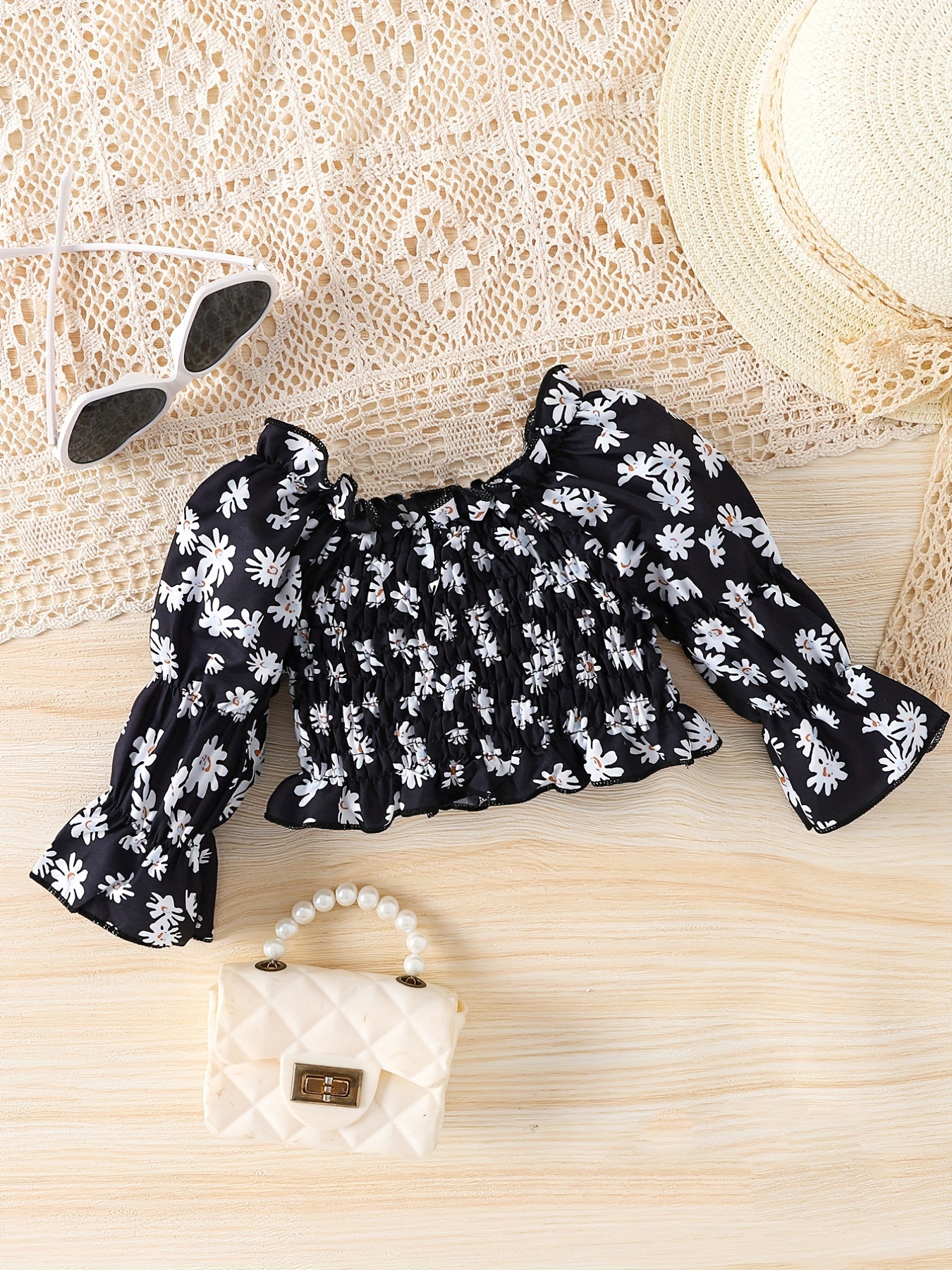 Baby Girls Boho Floral Embroidered Mesh Puff Sleeve Crop Top
