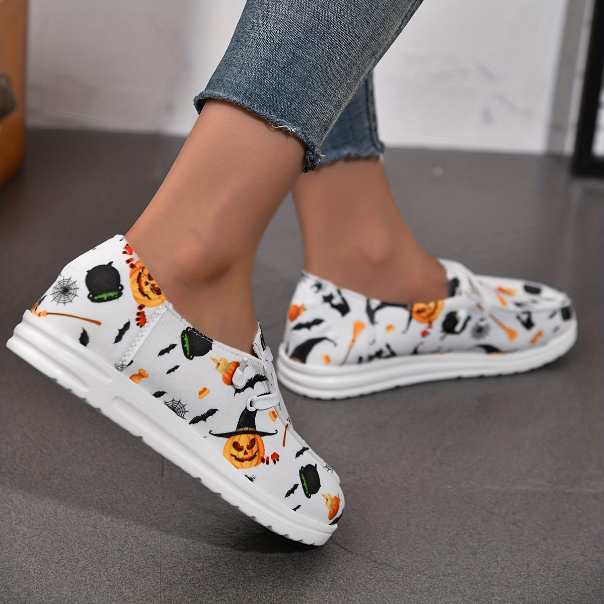 Women's Halloween Canvas Sneakers Ghost Face Pumpkin Print Low Top Flats