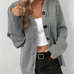 Solid Long Sleeve Button Up Hooded Sweater Cardigan