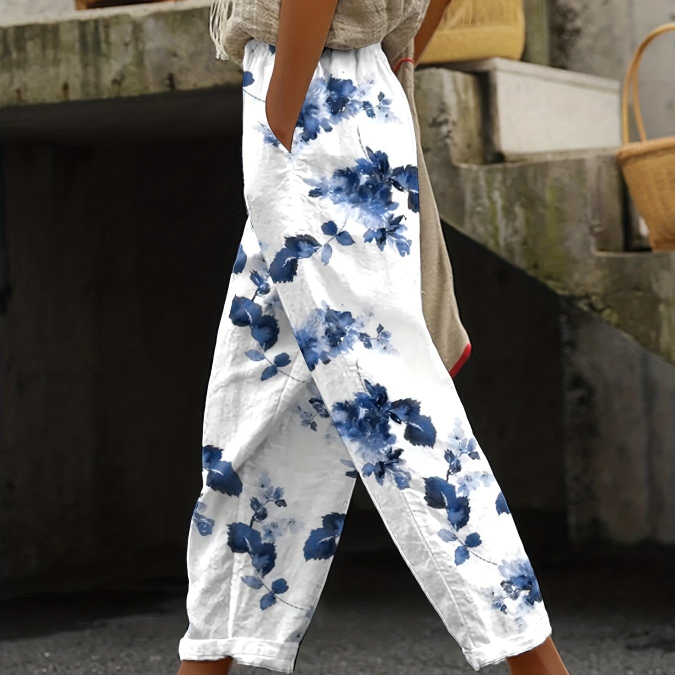 Floral Print Casual Pants with Pocket