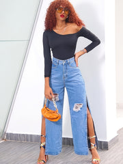 High Waist Wide Leg Denim Jeans Ripped Split Non Stretch Pants