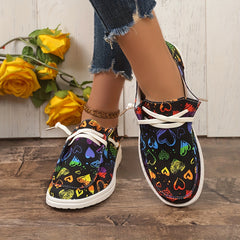 Heart Pattern Skate Shoes Women Flat Lightweight Lace-up Canvas Sneakers