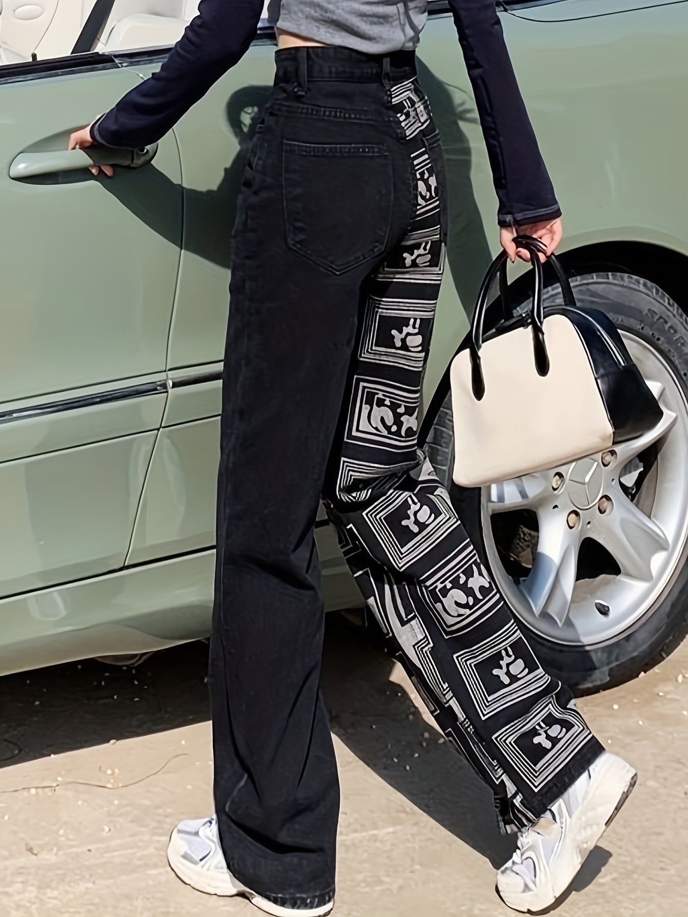 Geometric Print Patchwork Denim High Rise Jeans