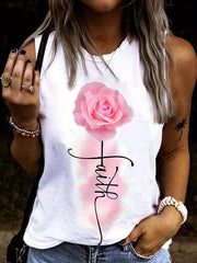 Flower & Letter Print Tank Top Sleeveless Crew Neck Tank Top