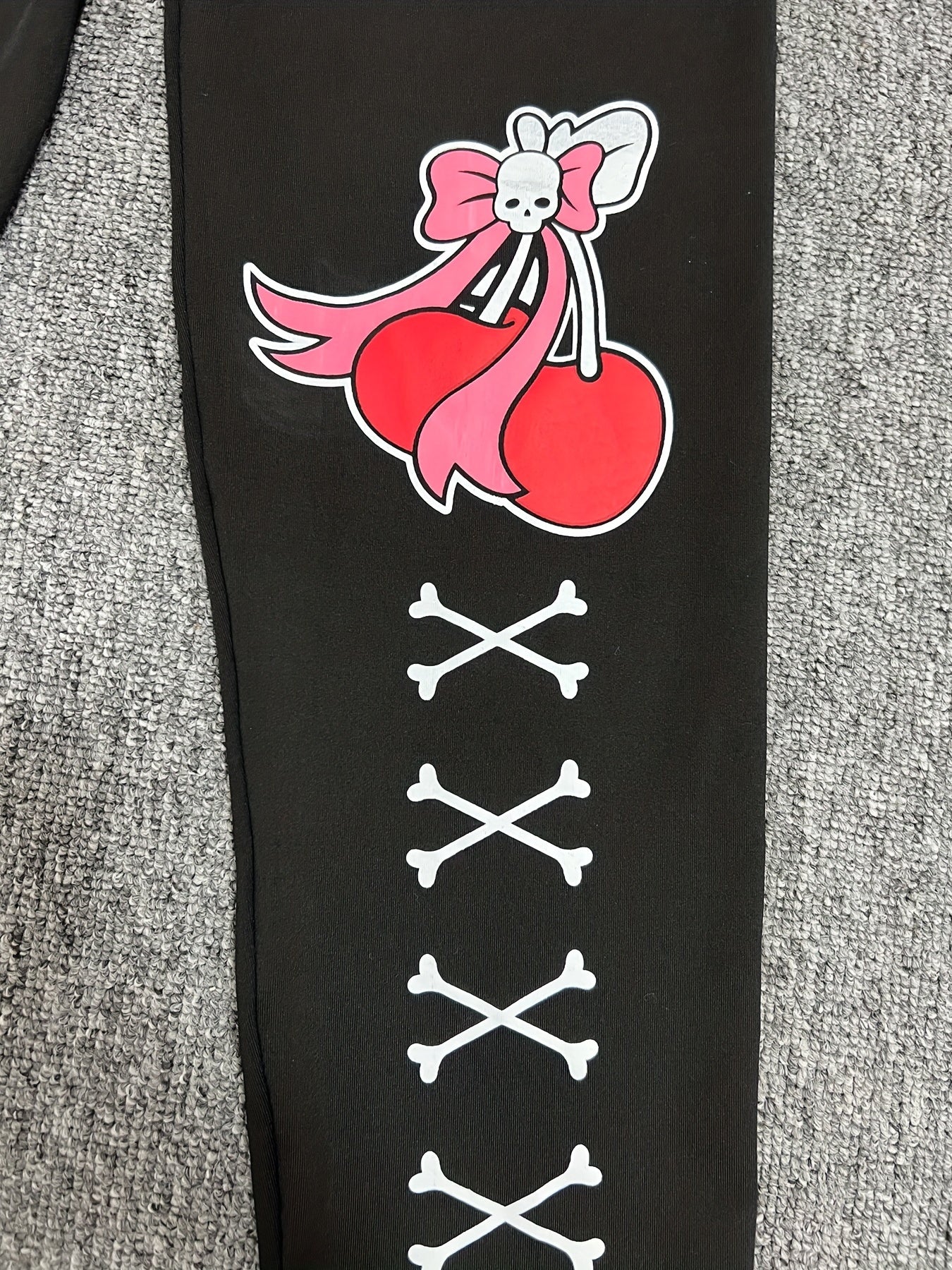 Cherry & Skull Print Skinny Leggings Casual Stretchy Leggings