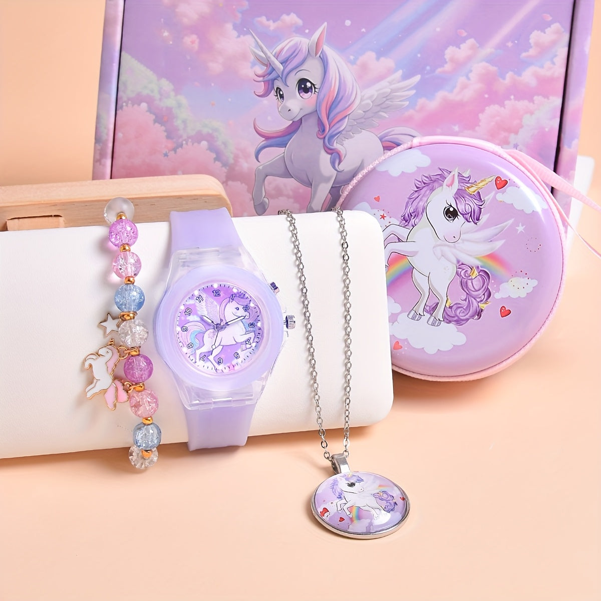 4pcs Unicorn Theme Girls' Watch Set Quartz Non Waterproof