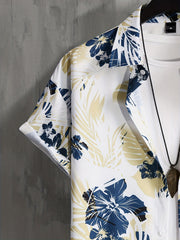 Men's Floral & Leaf Print Camp Collar Hawaiian Shirt