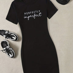 Women's Casual Letter Print Short Sleeve Stretch Slim Fit Dress