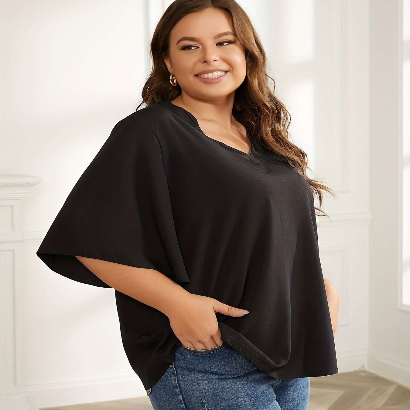Women's Plus Solid V Neck Bat Sleeve T shirt