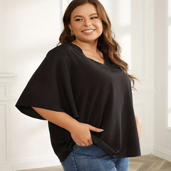 Women's Plus Solid V Neck Bat Sleeve T shirt