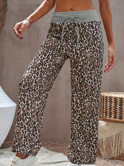 Leopard Print Drawstring Wide Leg Casual Sports Pants Comfy Loose