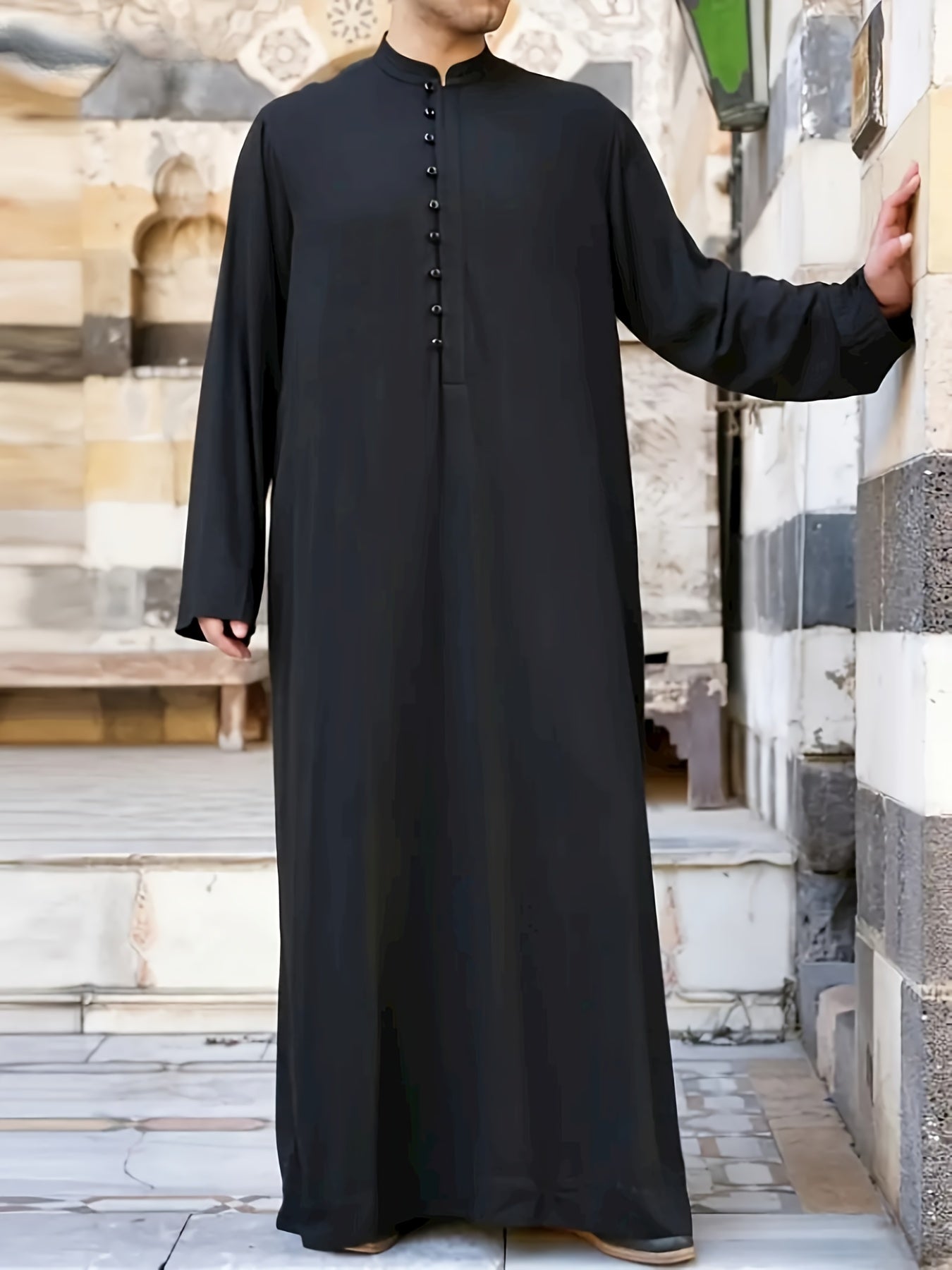 Islamic Arabic Kaftan Men Long Sleeve Solid Band Collar Muslim Clothes Vintage