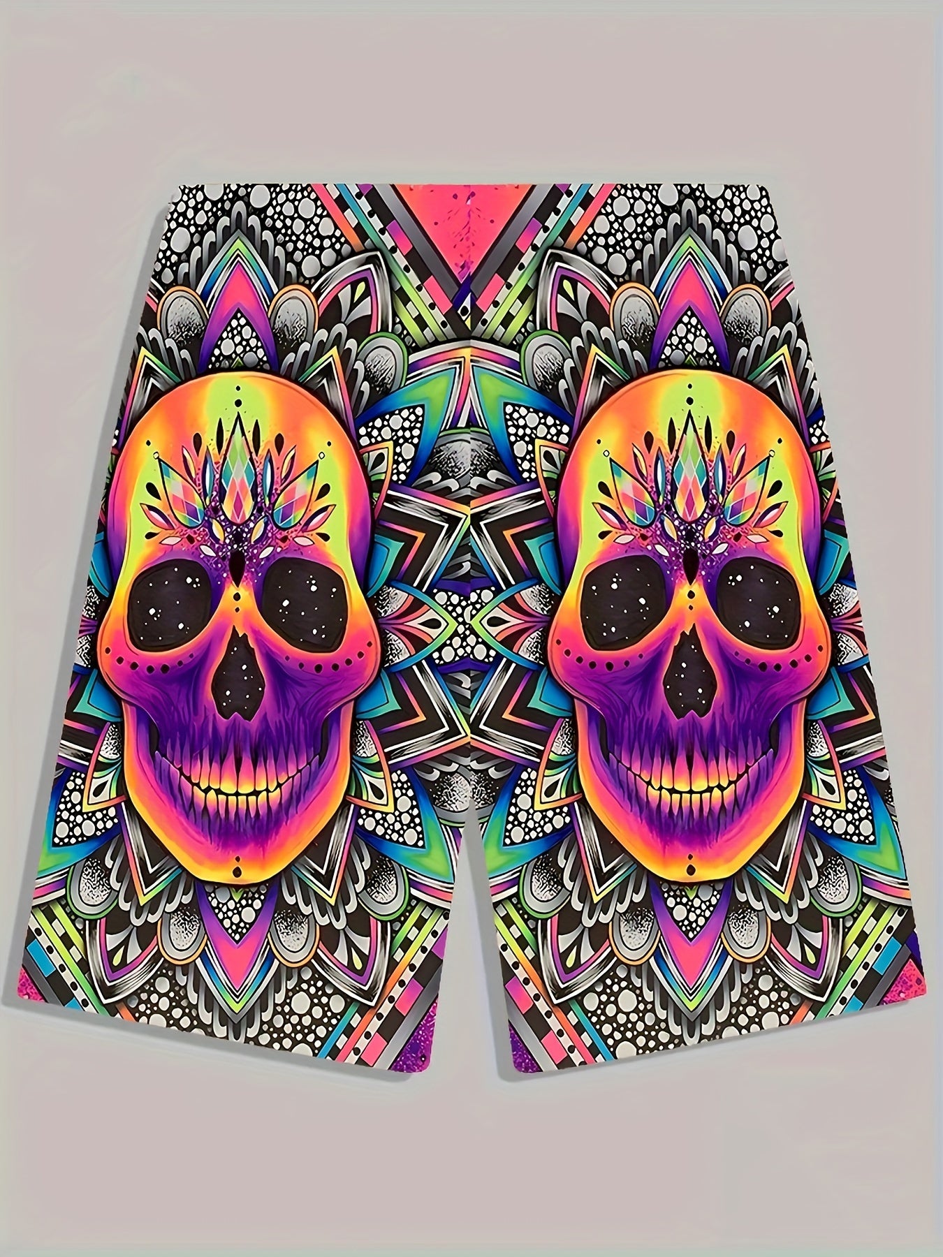 Colorful Skull Pattern Beach Shorts Men's Drawstring Shorts
