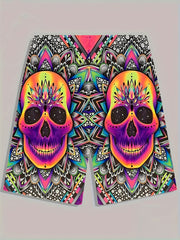 Colorful Skull Pattern Beach Shorts Men's Drawstring Shorts