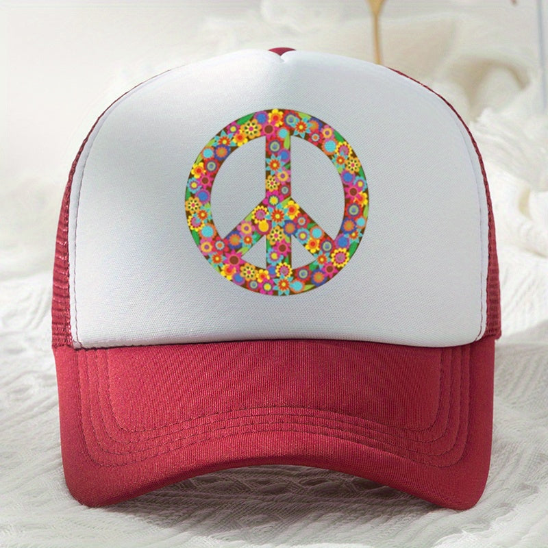 Peace Sign Print Baseball Cap Breathable Trucker Hat Adjustable Sun Hats