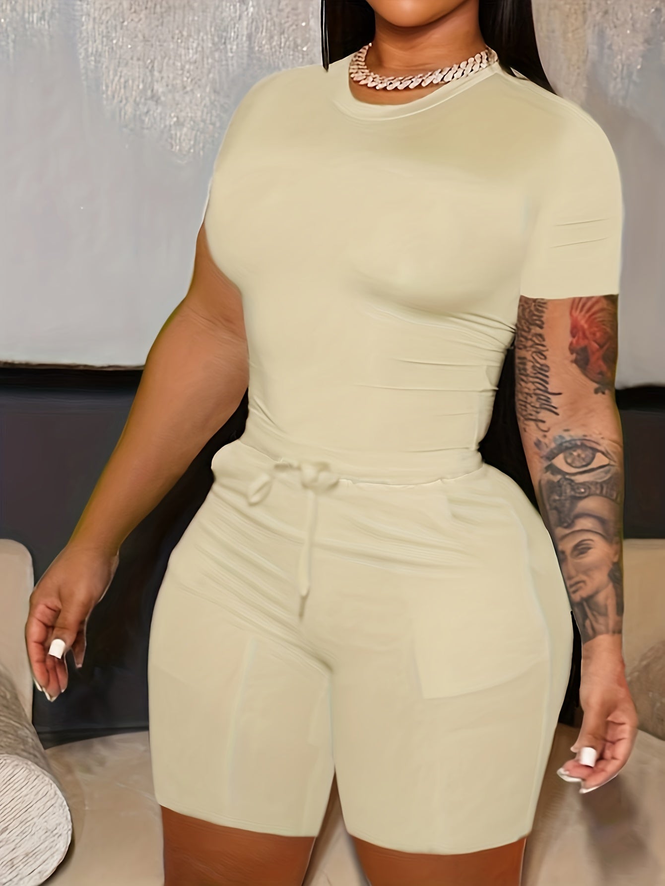 Casual Tee & Shorts Set High Stretch Outfits Two Piece Set