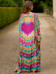 Boho Tie Dye Bat Sleeve V Neck Cover Up Dress