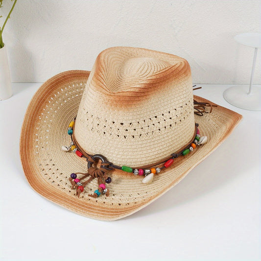 Boho Chain Decor Cowboy Hat Vintage Distressed Western Straw Sun Hat