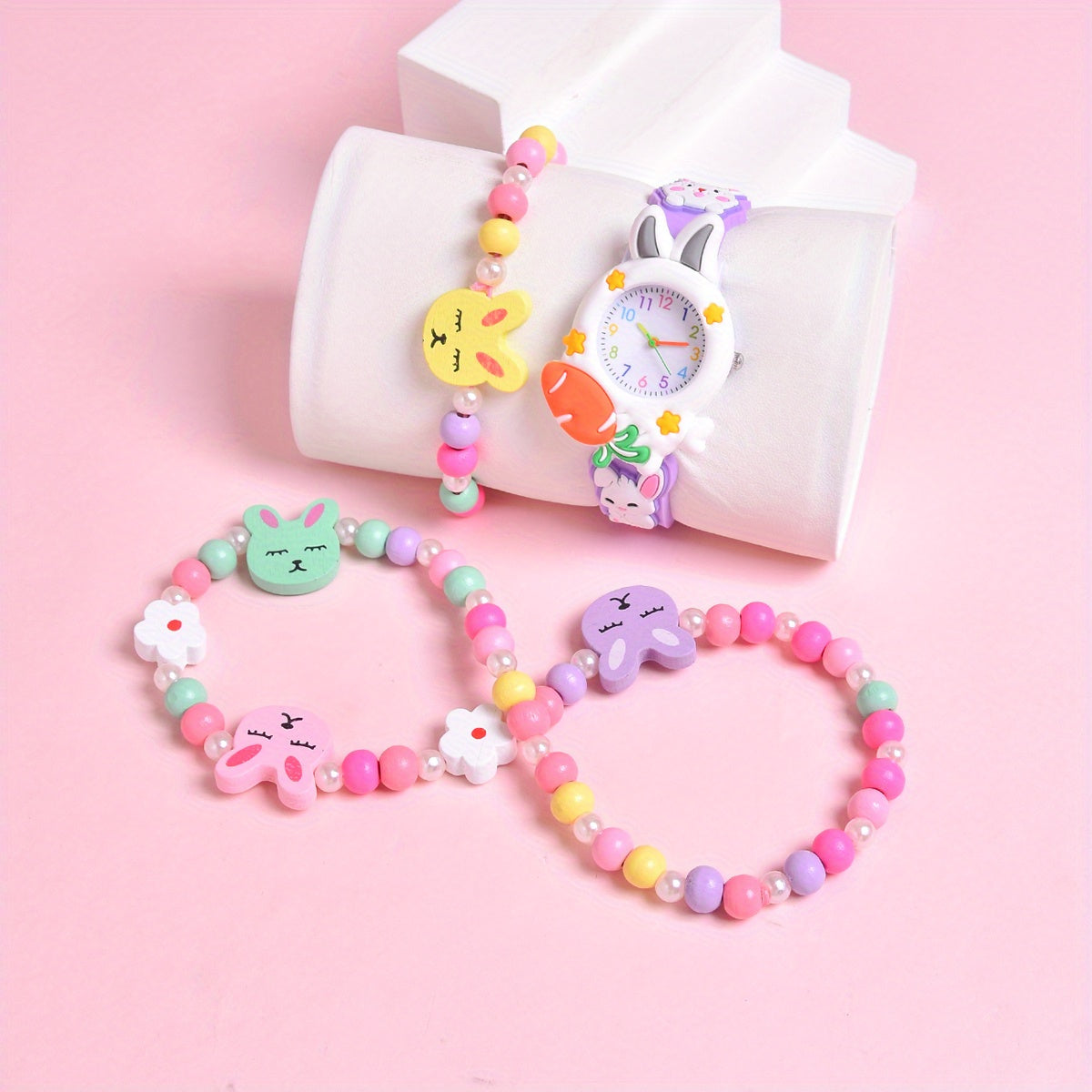 3D Rabbit Silicone Strap Girls' Cartoon Watch Set