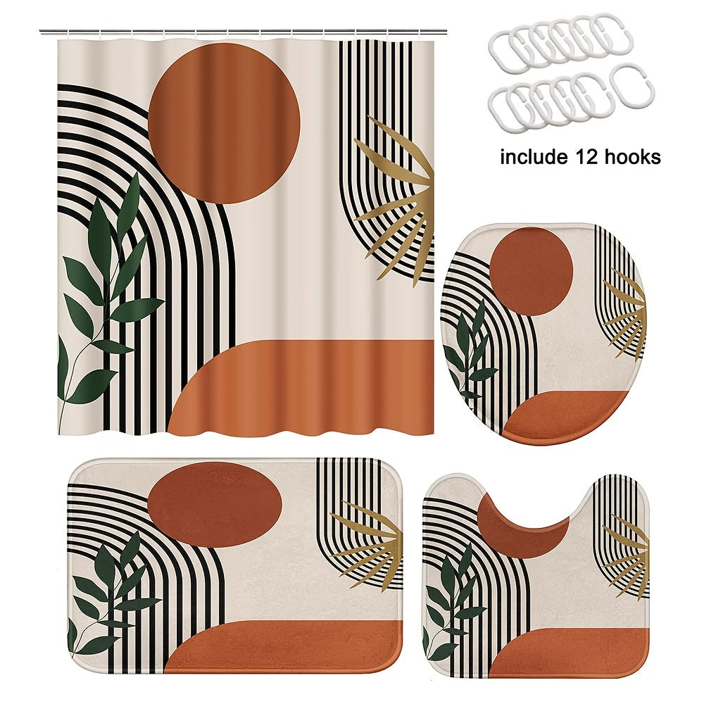 4pcs Mid Century Shower Curtain Set Abstract Geometric Modern Minimalist