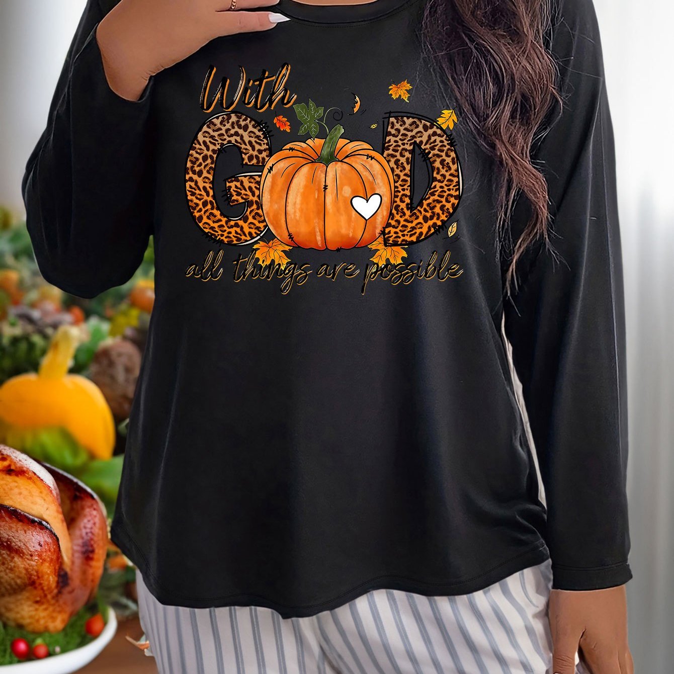 Leopard Pumpkin Graphic Long Sleeve Round Neck T-shirt