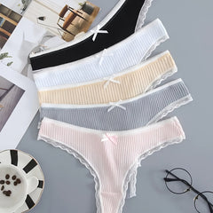 5pcs Lace Trim Ribbed Thongs Soft & Comfy Intimates Panties Women's Lingerie