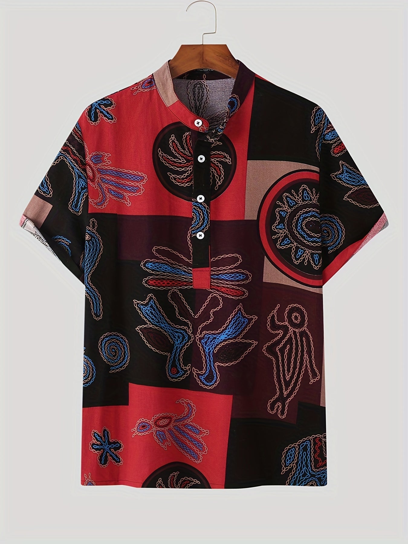 Vintage Ethnic Style Men's Short Sleeve Stand Collar Shirt For Summer