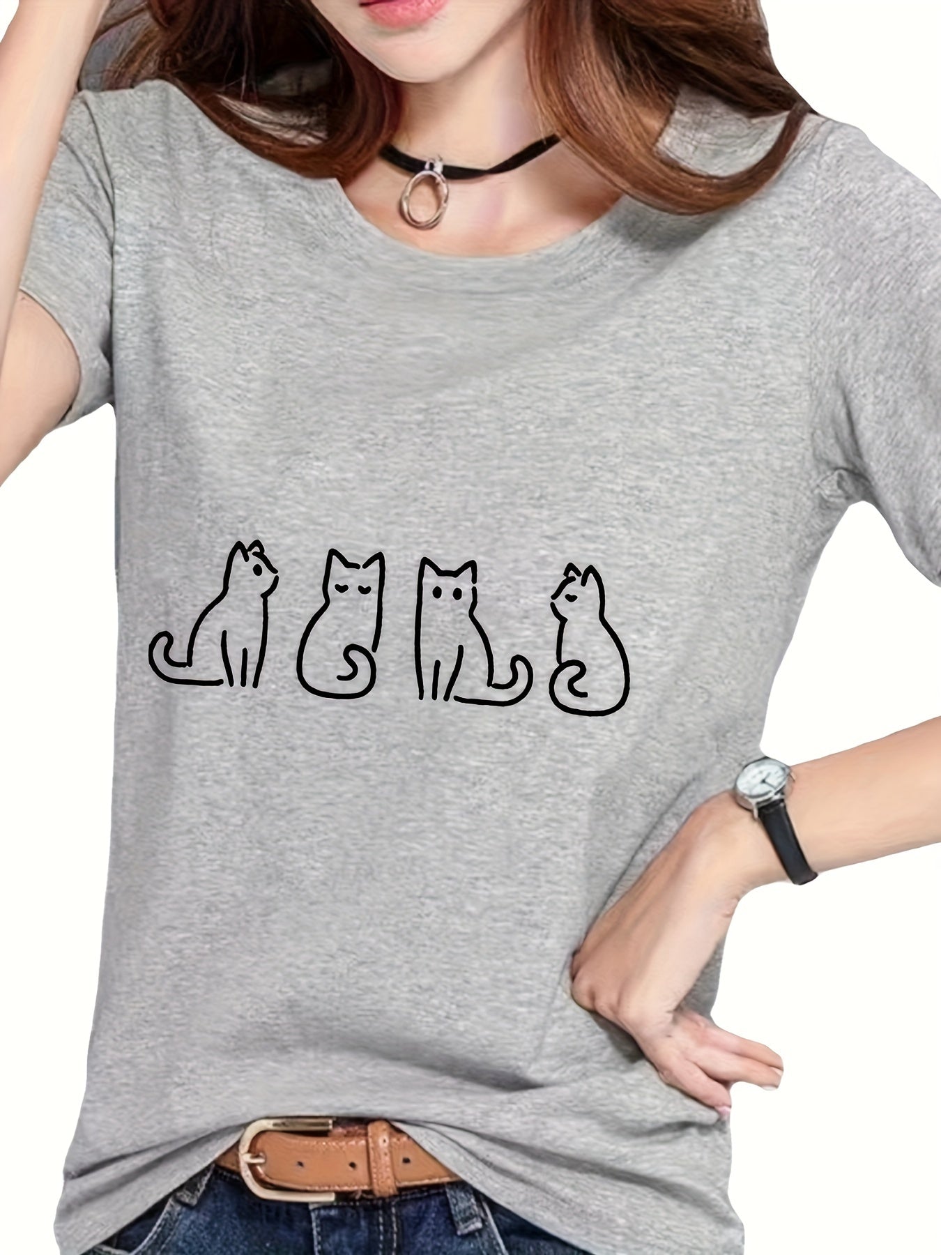 Cat Graphic Short Sleeve Top Round Neck Sports Running T shirt Women's Clothing