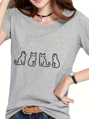 Cat Graphic Short Sleeve Top Round Neck Sports Running T shirt Women's Clothing