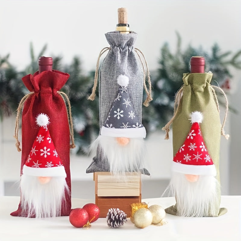 Christmas Linen Wine Bottle Bags Set - Old Man Faceless Doll Red Wine Clothing