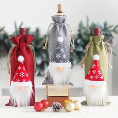 Christmas Linen Wine Bottle Bags Set - Old Man Faceless Doll Red Wine Clothing