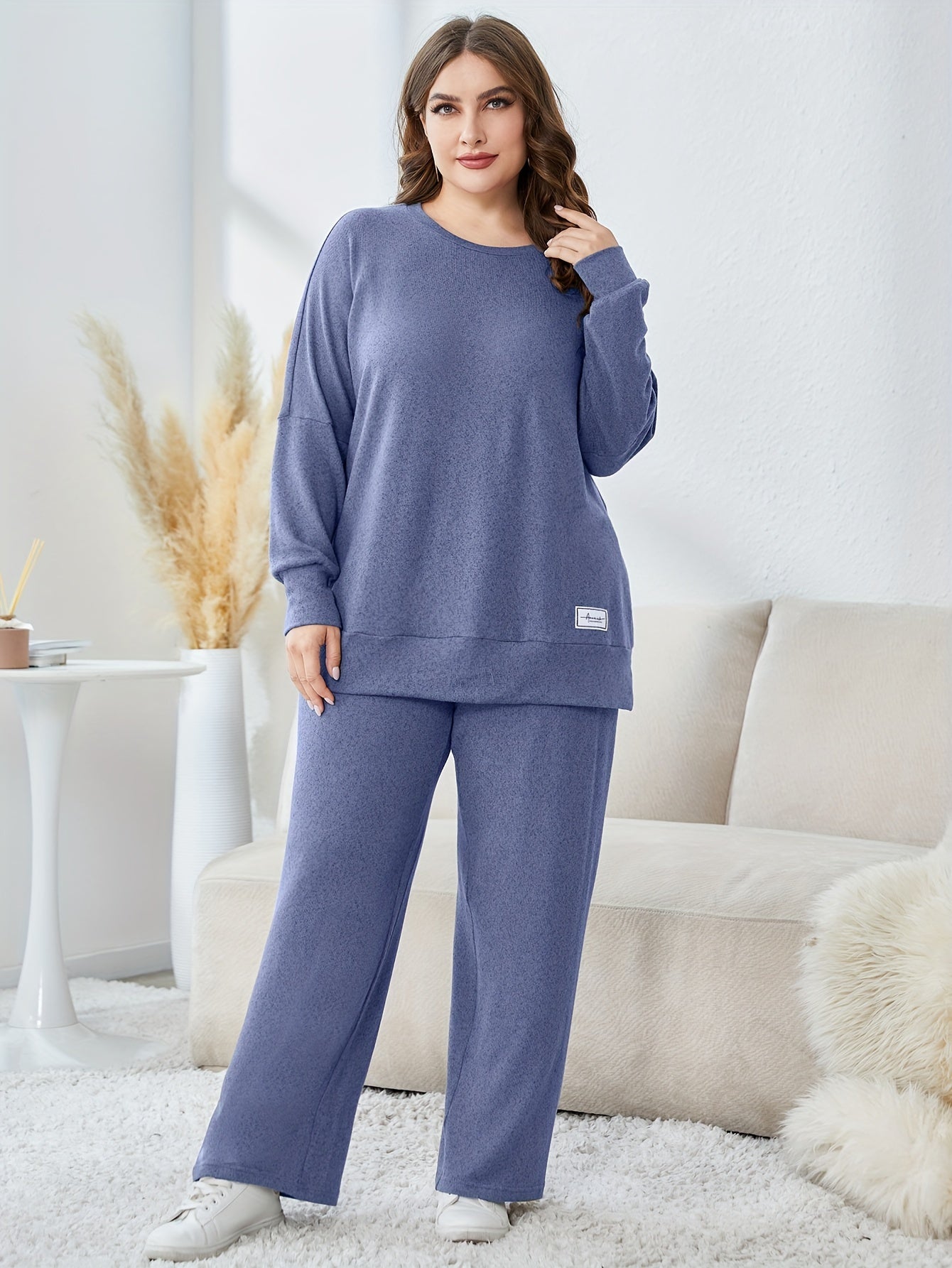 Solid Long Sleeve Top & Loose Pants Two Piece Set