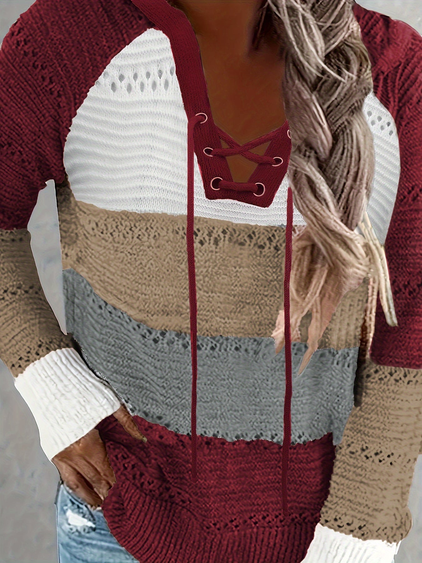Casual Sweater Women's Plus Colorblock Hollow Out Hooded Jumper