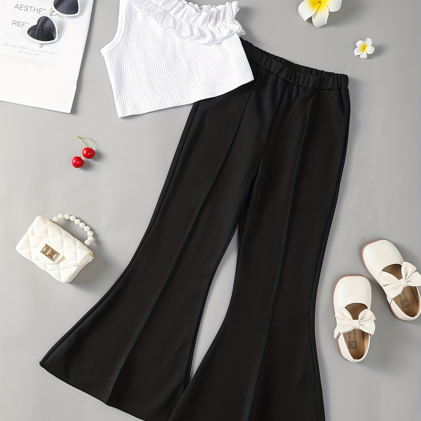 Toddler Girls One Shoulder Ruffle Top & Flare Leg Pants Set